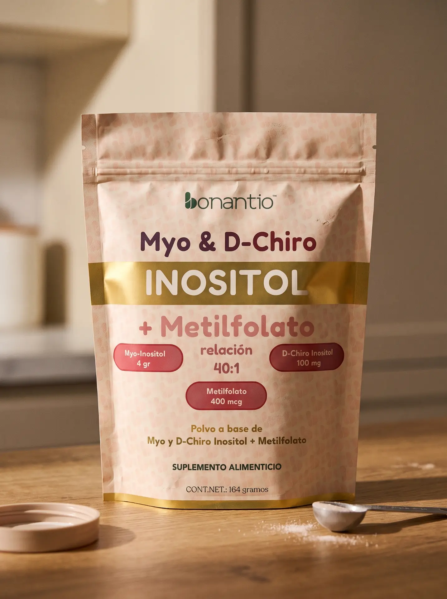 Bolsa de Myo & D-Chiro Inositol Bonantio sobre una mesa de madera